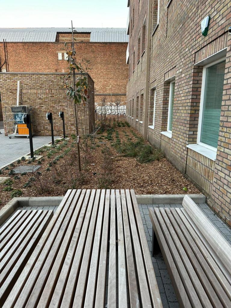 Groundworks landscaping completed at Hartley Medical Centre. Seating area, mulch, trees and shrubs